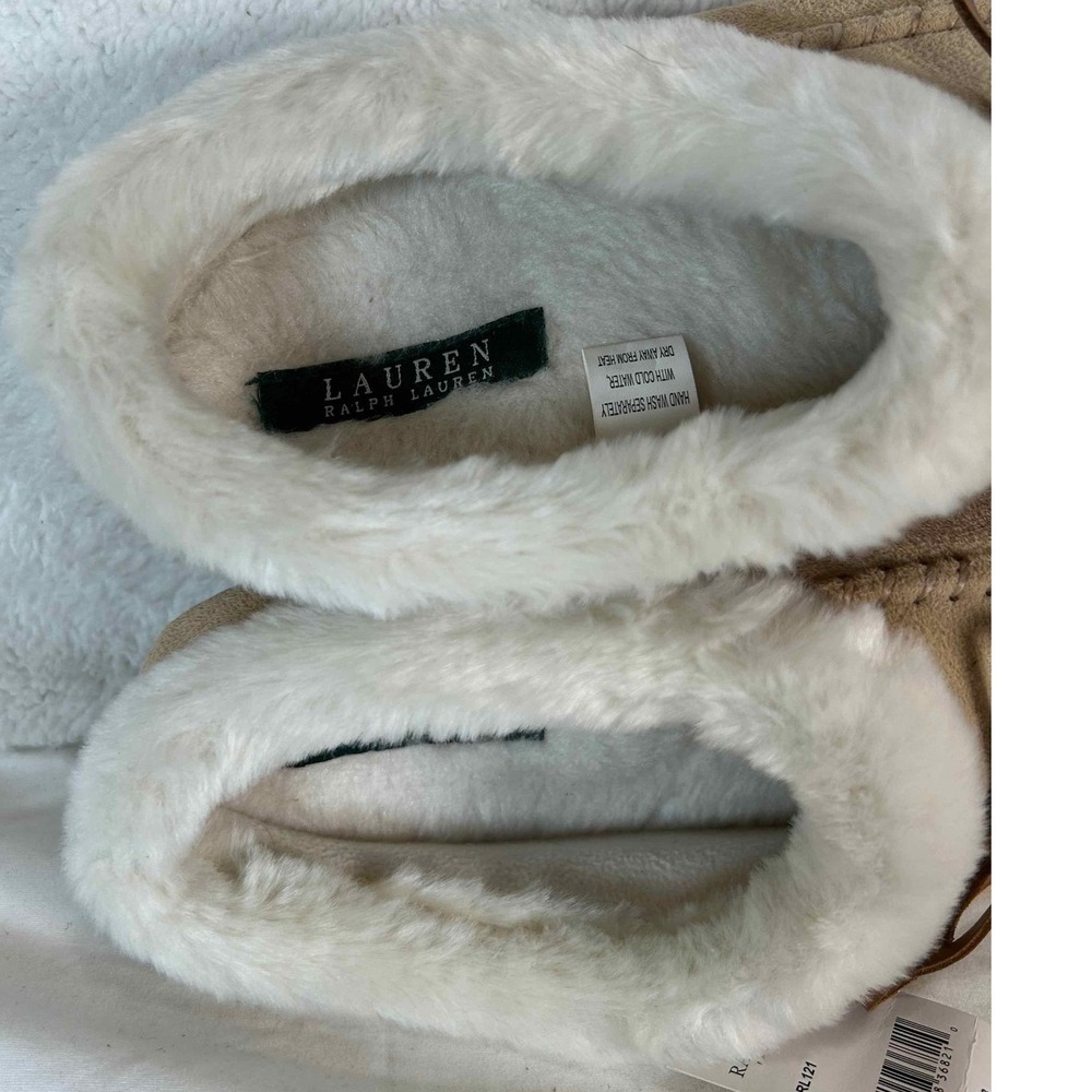 Lauren Ralph Lauren RL121 Wheat Suede Faux Fur Moccasin Slippers Women L 8-9 NEW - Picture 8 of 12